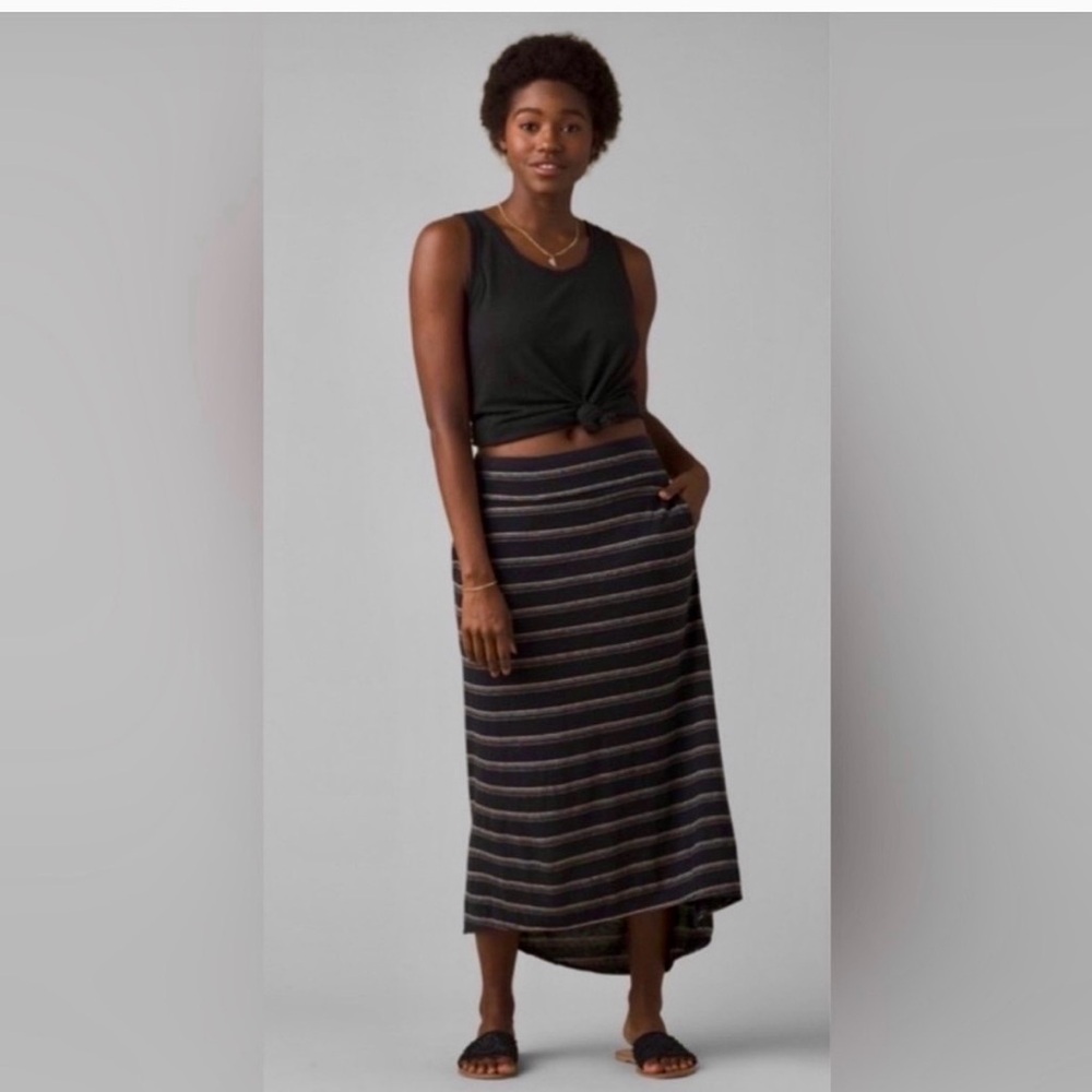 Prana size S Striped High-Low Midi Skirt in Black & Gray with Tan Stripe